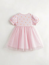 Young Girls' Sweet Fruit Print Mesh Splice Bubble Sleeve Round Neck Dress For Summer
